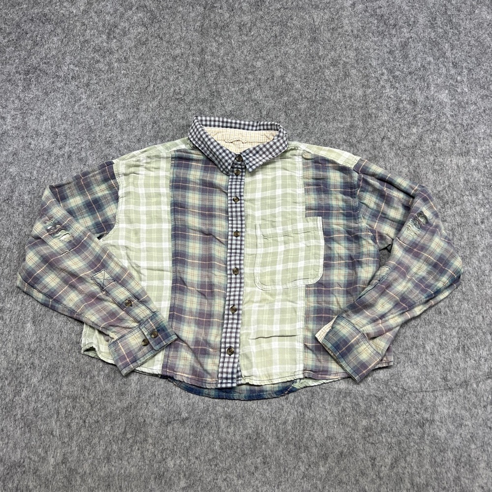 American Eagle Outfitters Shirt Womens Small Green Plaid Patchwork Button Up